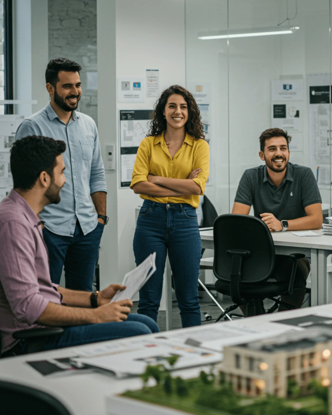 Equipe de profissionais reunidos em escritório moderno.